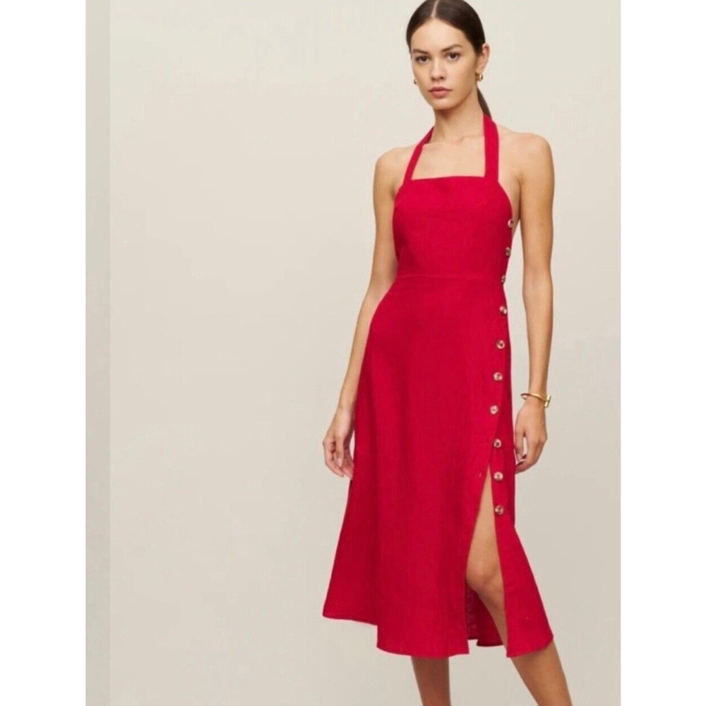 Reformation Womens Cherry Red Mar Linen Halter Backless Midi Dress Sz 10 NWOT